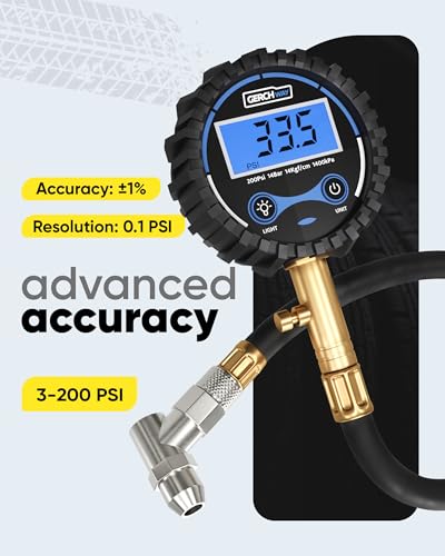 Image of GERCHWAY Digital Tire Pressure Gauge 200 PSI - Accurate Air Pressure Gauge for Tires with Easy-to-Read Numbers & 45 Angle Chuck