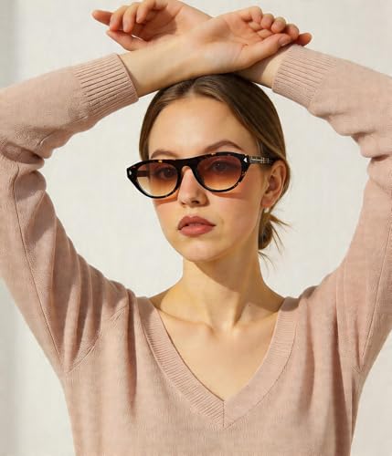 Image of EYLRIM Retro Oval Cat Eye Sunglasses for Women Men Trendy Flat Top Narrow Cateye Shades UV400 Protection