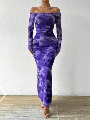 Image of LIGHT DOT Women's Printed Off Shoulder Maxi Dress Long Sleeve Bodycon Ruched Mesh Cocktail Dress
