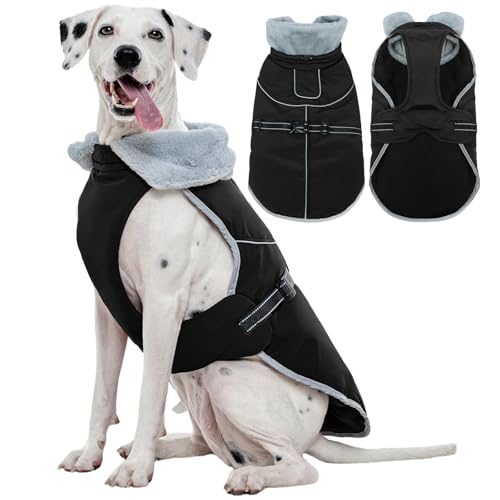 Kuoser Manteau d'hiver chaud et imperméable pour chien avec doublure en polaire, veste réfléchissante réglable, vêtement doux et confortable pour grands chiens, noir, taille L
