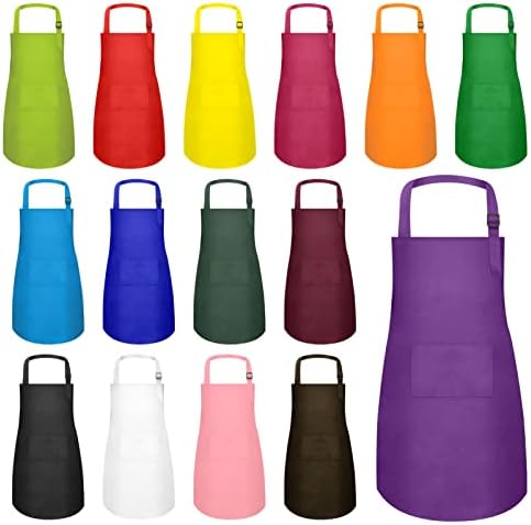 IMERAGO 15 PCS Kids Aprons with Pockets Adjustable Chef Painting Aprons Bulk for Girls Boys Aged 6-13 Cooking Baking Crafting Multicolor