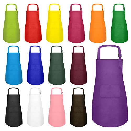 Imerago 15 Pcs Kids Aprons With Pockets Adjustable Chef Painting Aprons Bulk For Girls Boys Aged 6-13 Cooking Baking Crafting Multicolor #TOP2