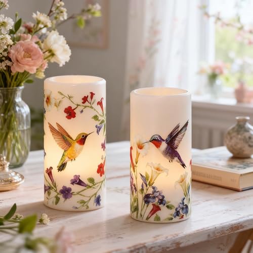Image of Flameless Candles with Remote Timer, Hummingbird Floral LED Pillar Candles in Real Wax Holder, Battery Operated Candle for Easter Spring Decorations(2 Pack, 3 inch x 6 inch)