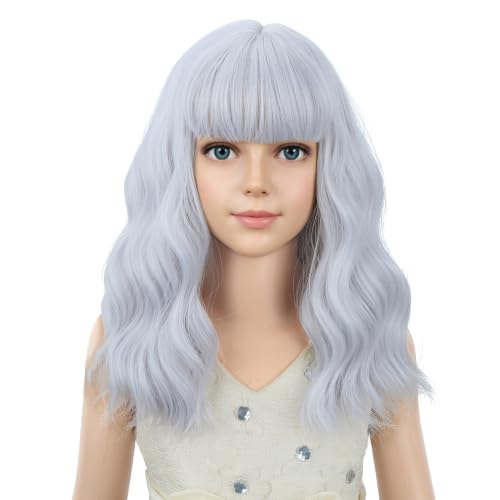 Image of PATTNIUM Silver White Wig for Kids Girls Short Curly Wavy Wigs with Bangs Shoulder Length Wavy Heat Resistant Synthetic Wig Halloween Cosplay Costume Party Wig