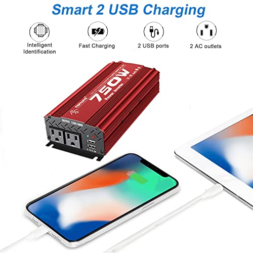 Ngnwob 750W Inverter Car Inverter 12V To 110V Inverter Power Inverter For Car Vehicle Camping Power Converter With2 Usb & 2 Ac Ports #TOP5
