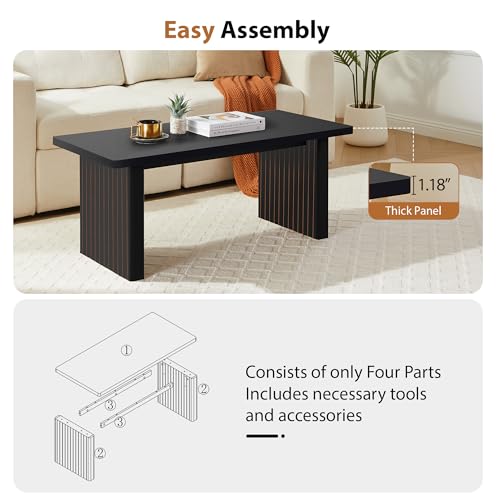 Image of Rectangular Fluted Coffee Table, Farmhouse Wood Coffee Table Mid Century Modern Center Table Boho Living Room Tables for Living Room Office (Black, 19.69 inch D x 43.3 inch W x 17.72 inch H)