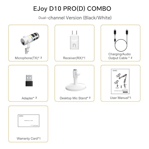 COMICA D10 Pro D Combo XLR USB Dynamisches Mikrofon mit Empfänger-Desktop-Mikrofonständer für Gaming/TikTok/Podcast-Aufnahmen, unterstützt RGB-Licht-Stummschalttaste für PC,Smartphone,Computer (weiß)