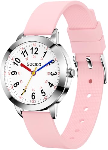 SOCICO Montre Enfant Apprentissage pour Garçons Filles,3ATM/30M Étanche Montre Aiguille pour Éducative de l'heure,Cadeau (Rose)