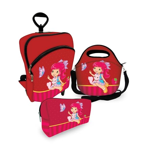 Kit Mochila Escolar Rodinha + Lancheira+ Estojo Moranguinho