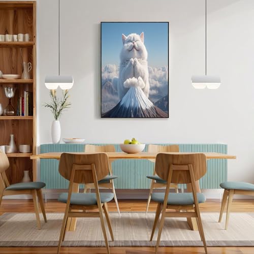 Lienzos decorativos de pared grandes 70x100cm de gato 3D y Monte Fuji azul cielo
