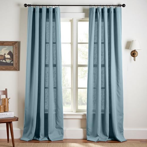 jinchan Blue Linen Blend Curtains 96 inch Length 2 Panels for Bedroom Living Room, Floor to Ceiling 50 inch Wide Farmhouse Drapes with Rod Pocket Back