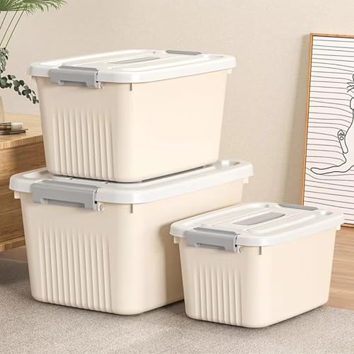 Image of KREPS Plastic Storage Bins With Latching Lids Stackable Containers, Large Storage Box For Bedroom, Basement, Classroom, Camping, Office (CREAM, LARGE - 14.5 X 10.5 X 8.2 INCH, PACK OF - 1)