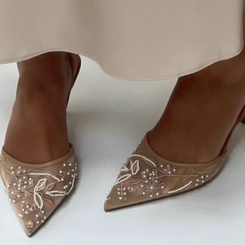 Trendenzy Women's Mesh Slingback Heels Closed Pointed Toe Slip On Pumps Ankle Strap Stiletto Sandals Pearl Wedding Shoes3