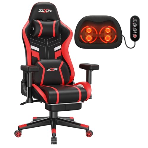 Douxlife Gaming Chair with Heating and Kneading Massage, Ergonomic Office Chair, 175° Reclining Padded Adjustable 2D Armrests, High Back Computer Chair with Footrest, 400lbs Weight Capacity, Black&Red