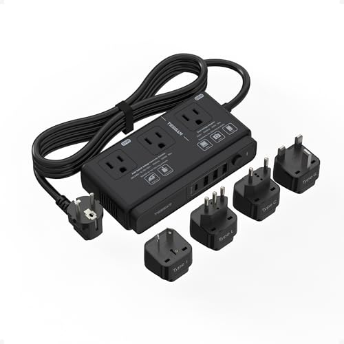 Image of 220V to 110V Converter, TESSAN Travel Voltage Converter with 4 USB Ports (1 USB C), 3 AC Outlet and EU UK AU IT Universal Travel Adaptor, Step Down Transformer Power Outlet Adapter Combo Black