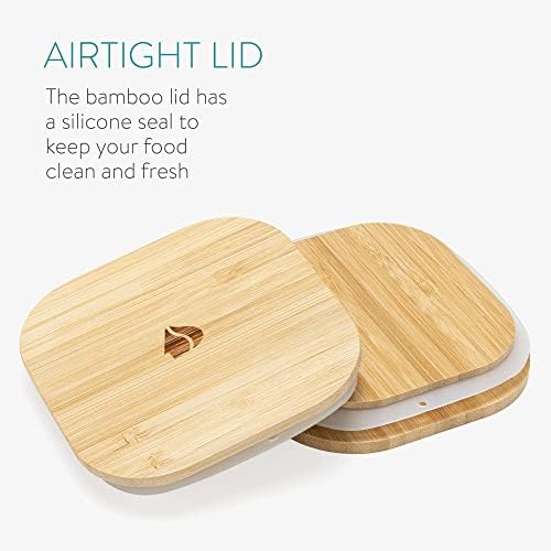 Navaris Glass Storage Jars 1L (Set of 3) - Airtight Food Containers with Wooden Bamboo Lids - Stackable Square Design for Kitchen Dry Goods