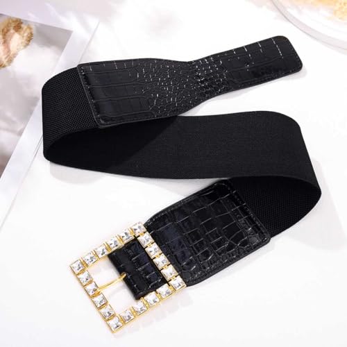Rhinestone Waist Belt Wide Square Buckle Lady Belt for Dress Sparkle Crystal Stretchy Waistband for Women2