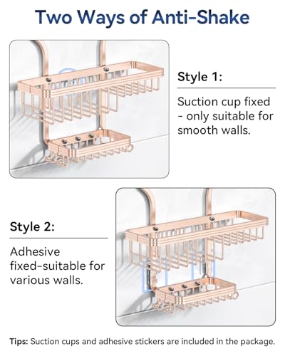 YASONIC Shower Caddy Hanging - Never Rust Shower Organizer - Aluminum over The shower head caddy with 10 Hooks for Razor/Sponge - Shower Rack with Soap Basket - Rose Gold