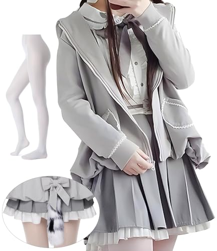 [JIURUN] 制服 ワンピース ロリータ コスプレ 女子高生 女装 ロリータ服 大きいサイズ 森ガール ワンピース 制服 ブレザー スカート jk 制服 セット 学生服 ブラウス プリーツスカート cosplay lolita 学園風 ゆったり ゆめかわいい (シャツ＋スカート＋コート＋尻尾+白いタイツ, S)