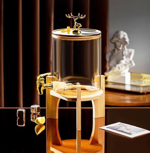 Image of 1 Pc 3.8 LTR Glass Water Beverage Dispenser with Wooden Stand & Golden Spigot and Deer Topper for Juice, Beer,Cocktails, Detox Drinks & More Perfect for Home, Restaurant,Bar, Party