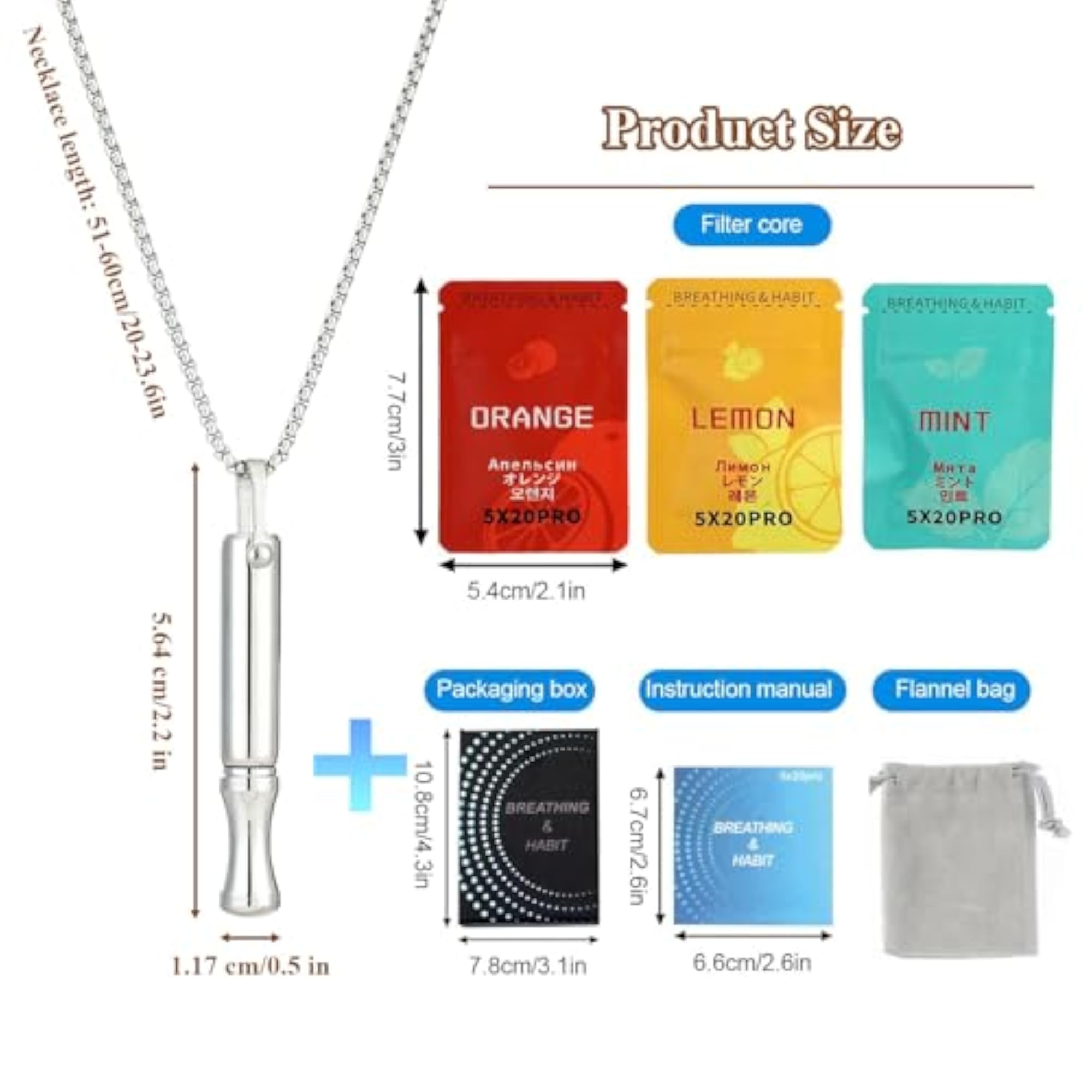 Silver Anxiety Breathing Necklace Set with Aromatherapy Packs