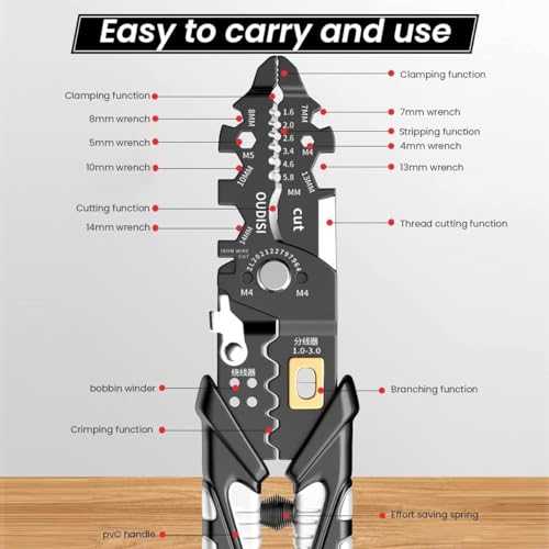 Image of HUPLA 25-in-1 Wire Stripper Pliers for Electricians | Heavy Duty Crimping, Cutting & Bolt Cutter Tool | Carbon Steel Multi-Function Hand Tool