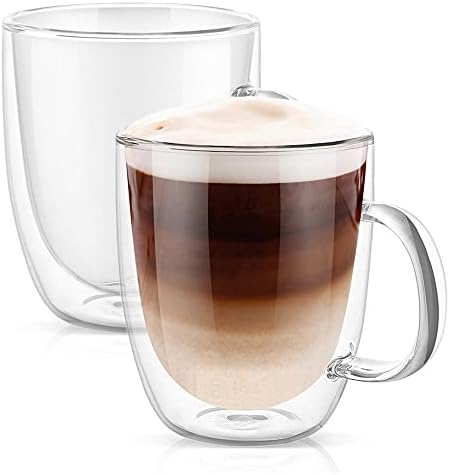 PunPun Large Glass Coffee Mug Set of 2, Clear Mugs Double Walled Coffee Mugs, Iced Coffee Cup, Glass Mugs for Hot Beverages,Premium Glasses Set, Each 500ml (17OZ./Set of 2)