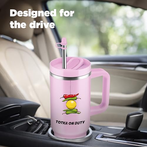 Image of MILTON Malmo 1200 Thermosteel Double Wall Vacuum Insulated Stainless Steel Tumbler with Handle 1100ml, Travel Mug with Straw,Silicon Cap,Cleaning Brush,Hot & Cold Beverage Flask,Totka Pink
