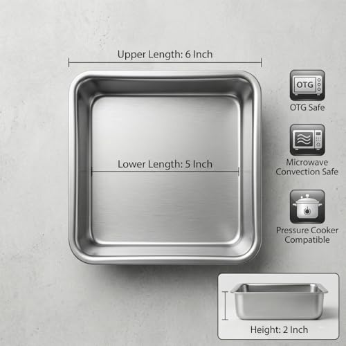 Image of Aluminium Square Cake Mould Set of 1 (6 inch) | Tapered Cake Tin Food Grade Baking Trays | Oven, OTG Safe | Lightweight, Durable, Easy to Clean | Ideal for Cakes, Brownies, Pastries & Desserts