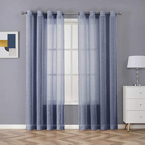 Miss Selectex Natural Linen Sheer Curtains - Bordered Semi-Sheer Drapes Textured Grommet Top Voile Window Curtains For Bedroom And Living Room, Denim Blue, 52X63 Inches Long, Set Of 2 Panels #TOP6