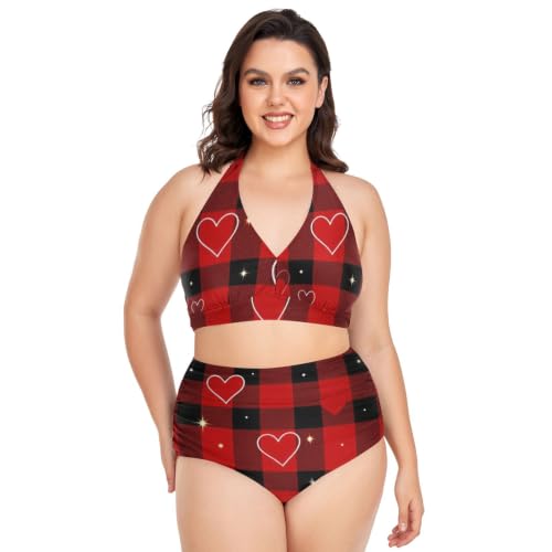 Bikini pour femme grande taille réglable maillot de bain 2 pièces taille haute carreaux