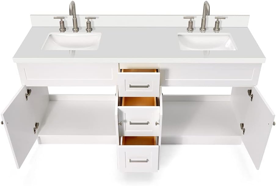 DKB Bradford 72-Inch Double Bathroom Vanity with Sink, Pure White Quartz Countertop & Backsplash, Rectangular Under-Mount Sinks, 4 Soft-Closing Doors, 4 Dovetail Drawers, Toe Kick, Brushed Nickel