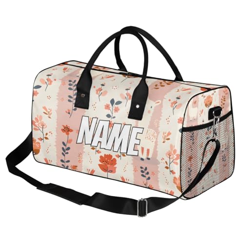 Personalized Llama Alpaca Travel Duffel Bag with Name, Custom Gym Sport Bag Pink White Stripes Carry On Weekend Overnight Duffel Bag for Men Women2