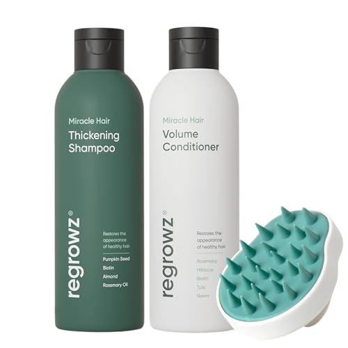 Regrowz Refresh & Balance Kit Thickening Shampoo & Volumising Conditioner with Scalp Massager Hair Thickening Treatment for Women & Men 100% Natural & Sulphate-Free