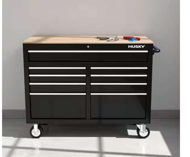 46 in. W x 18 in. D 9-Drawer Mobile Workbench Cabinet Gloss Black Steel Solid Wood Top with Power Strip and Casters