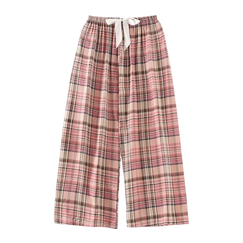 [YUWYOP] ワイドパンツ レディース ルームパンツ 薄手 綿 ルームウェア ロングパンツ パジャマボトムス ラウンジウェア ズボン 春 秋 夏 防蚊パンツ カップル チェック柄 無地柔らか 快適な ビーチパンツ ウエストゴム パジャマ ズボンだけ