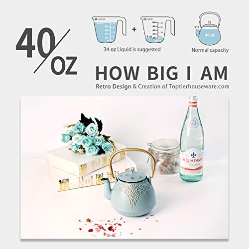 Tea Kettle, TOPTIER Japanese Cast Iron Tea Kettle with Infuser for Loose Leaf and Tea Bags, Stovetop Safe Cast Iron Teapot Coated with Enameled Interior for 40 oz (1200 ml), Turquoise Blue