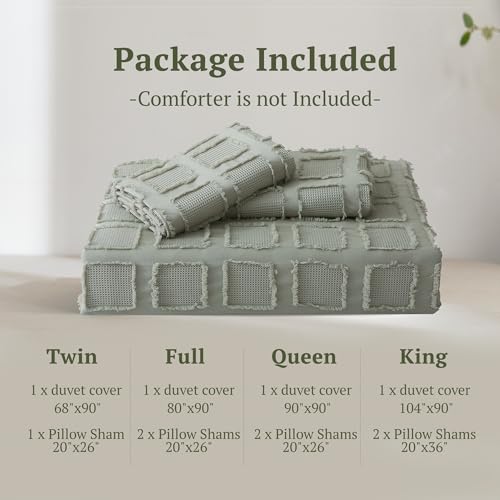 MILDLY Tufted Duvet Cover - Queen Size Mist Sage Waffle Weave Duvet Cover Set 3PCS 100% Washed Microfiber Soft & Breathable Textured Comforter Cover Set with Zipper Closure Corner Ties