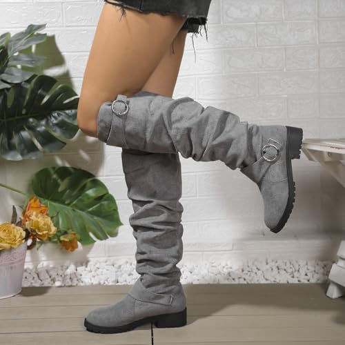 underknees stiefel damen Stiefel Damen Kniehohe Lange Hohe Winterstiefel Warme Spitz Schlupfschuhe Elegante Rutschfest Langschaft Stiefeletten Kurze Absatz Outdoorschuhe Winterstiefel Grau 40