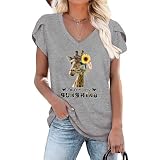 Women's Giraffe Pattern Print Tops Summer Sexy V-Neck Petal Sleeves Casual Short Sleeve T-Shirt S-3XL Tops