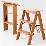 3 Stufen Leiter,Trittleiter 3 Stufen klappbar,Trittleiter Holz,klappbarer Holztritt,klappbarer Tritthocker mit breitem Anti-Rutsch-Pedal,150 kg Tragkraft. (Buche K1)