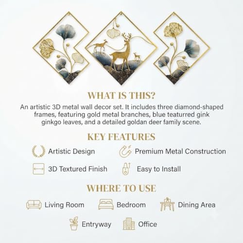 Image of SMILES GIFT Luxury Imported Wall Hanging Large Abstract Iron Wall Art Elegant Deer & Leaf Design Luxury Decor for Home Decor for Living Room