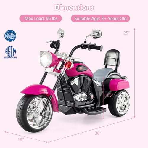 Image of Costzon 6V Ride on Chopper Kids Motorcycle with Horn, Headlight (Rose Red) | Battery Powered, 3-Wheel Stable Ride on Toys, Electric Toddler Motorcycle for Kids, Gift for Boys Girls