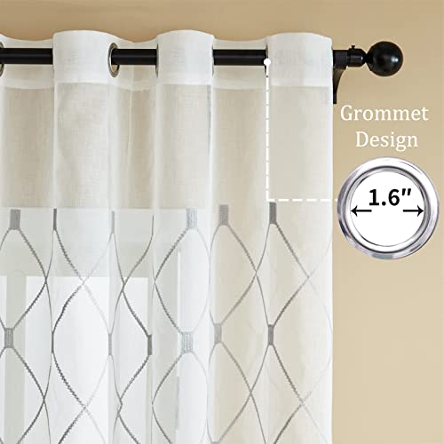 Top Finel White Sheer Curtains 90 Inches Long Grey Embroidered Diamond Grommet Window Curtains For Living Room Bedroom, 2 Panels #TOP2
