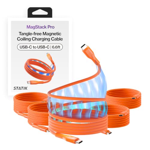 Image of Statik MagStack Pro USB C to USB C Coiling Magnetic Charging Cable,100W | Nylon Braided Tangle-Free Design, Magnetic Coiling, Data Transfer, Compatible with iPhone & Android, 6FT Orange, 5 Pack
