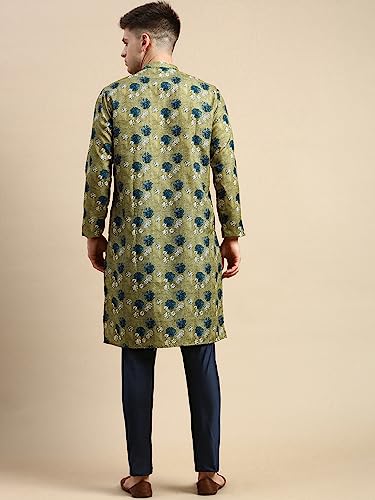 Image of Men's Black Art Silk Regular Fit Ethnic Motifs Kurta | Indian Kurta | Festive Ethnic Kurta with Embroidered Packet