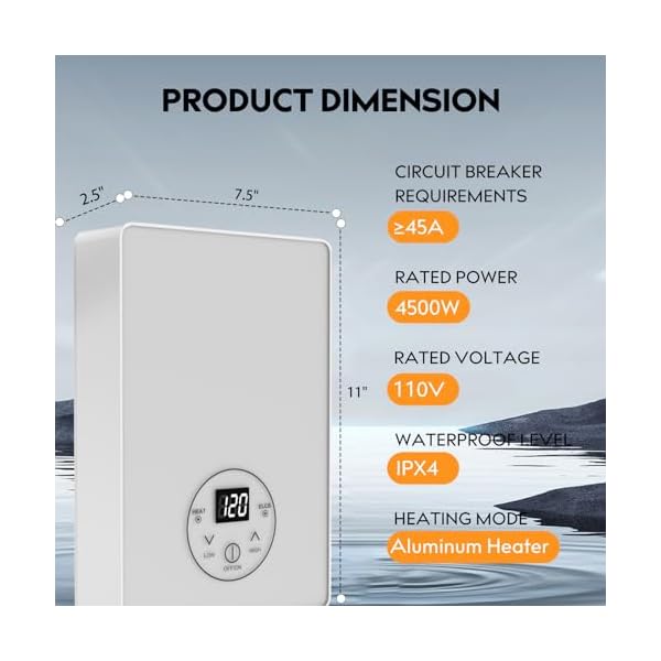 Antuony 4500W Tankless Electric Water Heater,110V Under Sink On Demand Instant Hot Water Heater,LCD Touch Screen tankless Water Heater (110 V, White) - Image 4