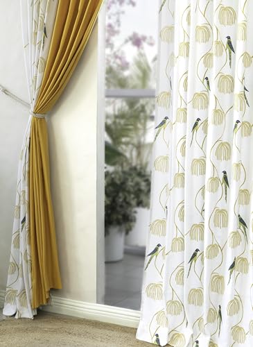 Image of Tranquebar Curtain Co. Window Curtains 5 Feet, 60-65% Room Darkening,Blue Bird Print, Cotton Curtains for Window,Cotton Curtains 5 Feet Set of 3, BackTab Loops, Mithu Yellow Combo (152 cm) - Set of 3