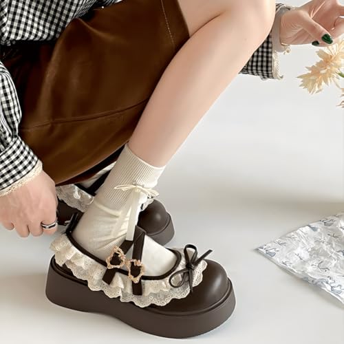 Kawaii Lolita Gothic Y2K Round Toe Chunky Heels Bows Ruffle Lace Trim Straps Mary Jane Platform Shoes4