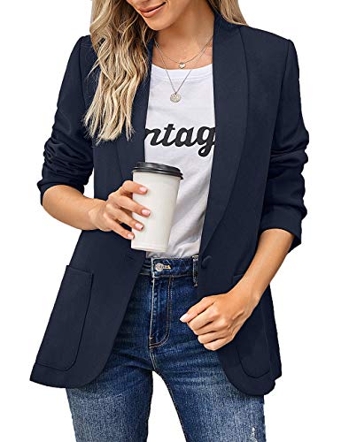 Vetinee Women's Navy Blue Shawl Collar Long Sleeve Blazer Suit Button Pocket Work Office Jacket Coat Size Medium